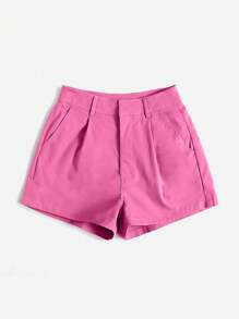 SHEIN Essnce Shorts holgados y casuales de tejido plisado con bolsillos de unicolor para mujer - Rosa - Ver 3