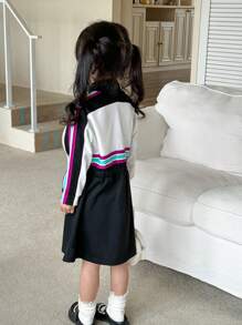 SHEIN 1pc Toddler Girls' Long Sleeve Color-Block Sporty Hoodie Dress, Cinched Waist & Half-Zip Closure - Multicolor - View 2