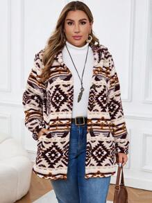 EMERY ROSE Abrigo de invierno de mujer talla grande con capucha con diseño gráfico, abotonado al frente, de estilo casual para uso diario en otoño - Multicolor - Ver 3