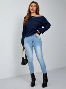SHEIN PETITE Pullover Slanted Shoulder Ribbed Women's Sweater,Long Sleeve Tops