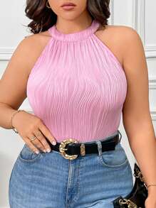 Calvaya Plus Size Casual Solid Color Textured Halter Bodysuit, Summer - Pink - View 7