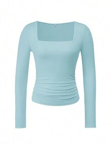 Áo thun dài tay cổ vuông dáng ôm Vaiaye dành cho nữ mùa xuân/hè phong cách Y2K, màu trơn, gợi cảm, thích hợp cho ngày Valentine. - Màu xanh ngọc - Xem 3