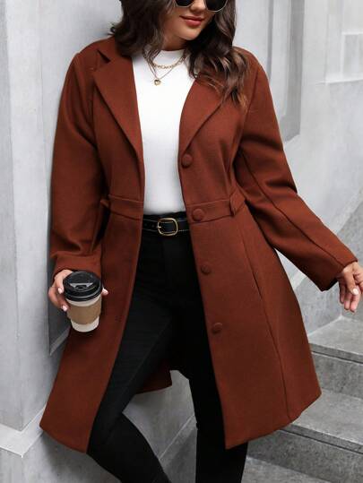 SHEIN Clasi Plus Size Solid Color Turndown Collar Coat, For Winter Fall Cloth For Women Autumn