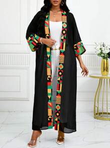 SHEIN Lady 四季女士长袖女士紧身衣秋季衣服图腾非洲印花拼布和服罩衫夏季