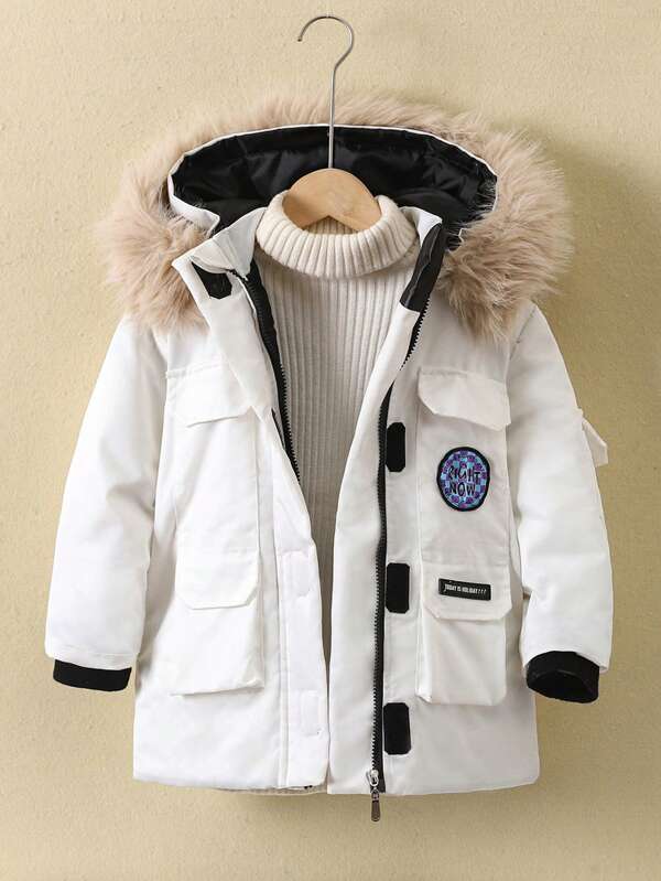 Young Boy Thick Stylish Simple Hooded Parka With Colorful Letter Graphic, Deep Pockets, Warm Padded, Winter