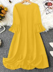 SHEIN LUNE 大码 V 领长袖时尚宽松优雅迷人连衣裙 - 黃色 - 查看 2