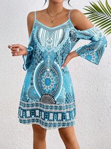 Breezaya Women's Spaghetti Strap Backless All Over Print Shoulder Strap Casual Vacation Dress Vacation Beach Outfit - Blue - View 5