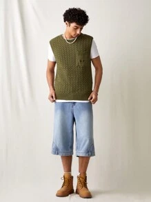 Manfinity VCAY Men's Knitted Casual Loose Fit Drop Shoulder Sleeveless Sweater Vest, For Fall Winter
