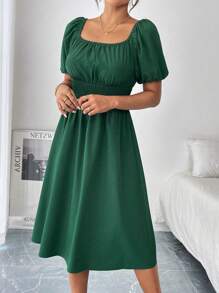 Breezaya Spring/Summer Green Square Neckline Puff Sleeve Waist Cinched Women's Dress - Dark Green - View 5