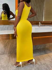 Xyvia Solid Color Sexy Bodycon Dress With Spaghetti Straps For Summer Maxi Women Outfit - Yellow - View 2
