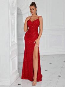 Elisanya Women Sequin Spaghetti Strap Ruched Waist High Split Party Dress, Formal Evening Prom Gown, For Wedding Guest, Graduation, Dinner Elegant Sequin - Red - View 1