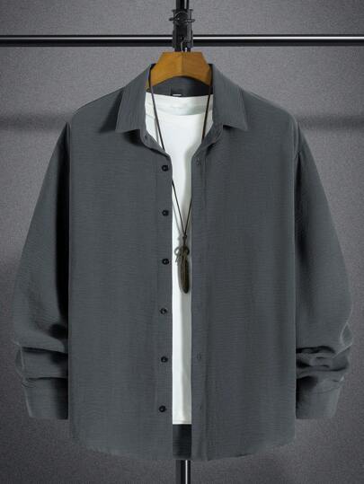 Manfinity Homme 男士纯色纽扣长袖休闲宽松时尚立领衬衫，适合外出，灰色男士衬衫，适合秋季