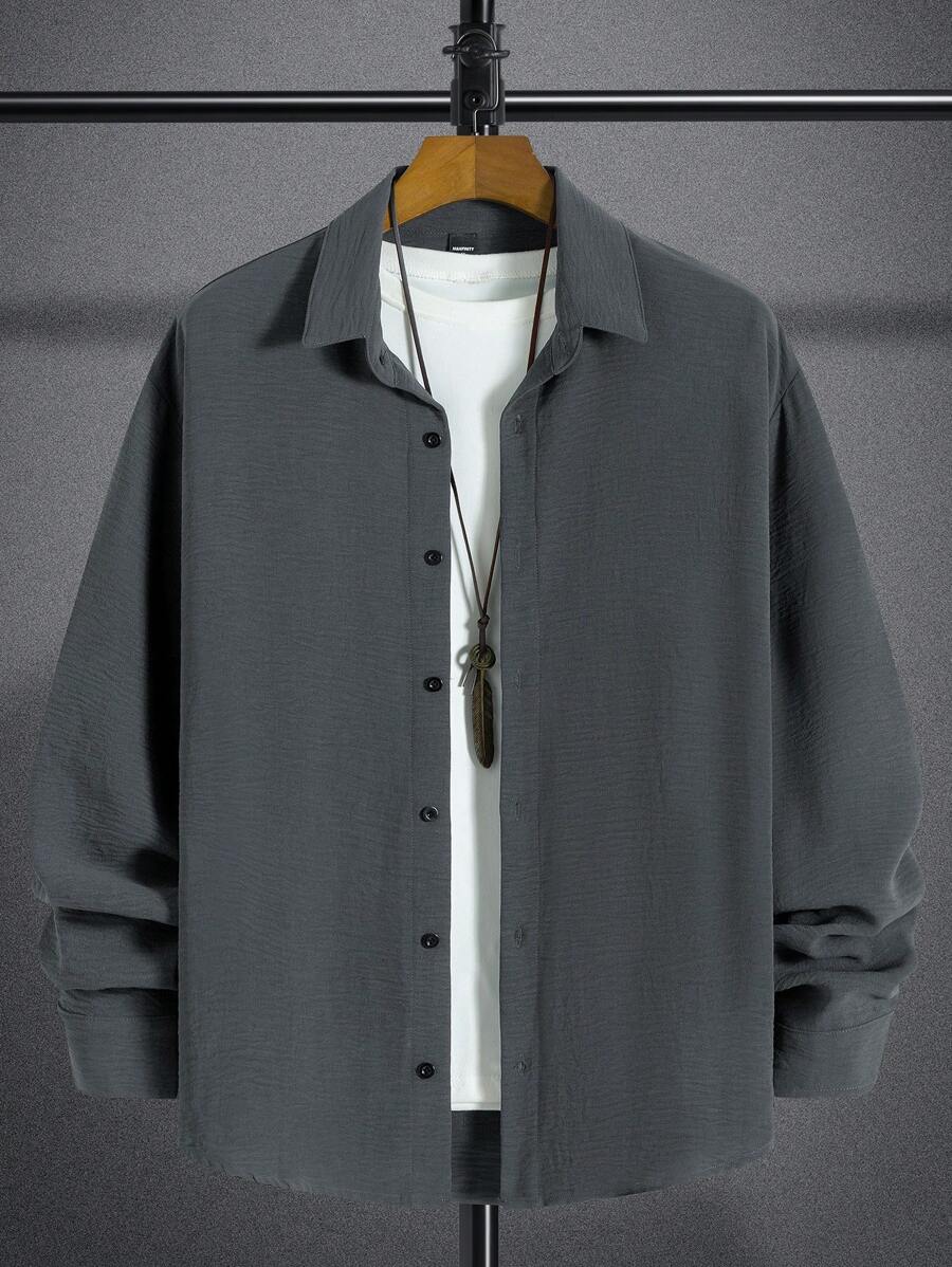 Manfinity Homme Áo sơ mi nam trơn cài nút tay dài màu trơn, dáng rộng, cổ bẻ thời trang, thích hợp đi chơi, áo sơ mi nam màu xám, cho mùa thu - Xám - Xem 1