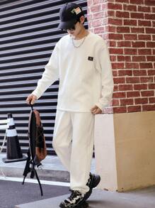 2pcs/Set Teenager Autumn Winter Jacquard Knit Sweatshirt And Sweatpants - White - View 1