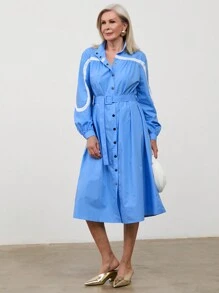 SHEIN LUNE Vestido elegante de estilo "Old Money" de primavera/otoño casual, con bloqueo de color, solapa, botones delanteros y largo midi para mujer - Azul y blanco - Ver 5
