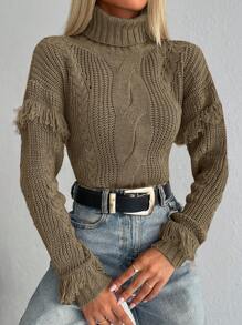 Cloudara Turtleneck Fringe Trim Drop Shoulder Sweater - Mocha Brown - View 5