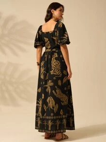 CAJUNI Women's Vacation Boho Casual Beach Tropical  Coconut Tree And Leopard  Prints Half-Sleeved Bishop Sleeve Summer Dress