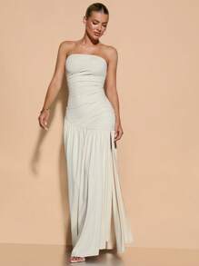 SHEIN BAE 女式长下摆不对称褶皱高开衩杏色抹胸连衣裙，适合秋冬季，适合打底、浪漫约会、派对、伴娘、迷你鸡尾酒会礼服、外出