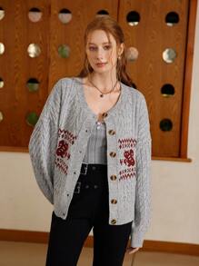 SHEIN MOD Damen Vintage College-Stil gemusterte Strick-Cardigan, für Frühling und Herbst - Verschiedenfarbig - Übersicht 2