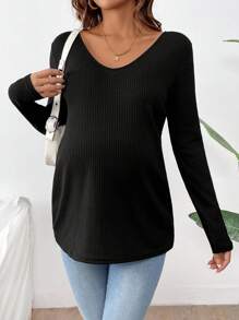 SHEIN Maternity Casual Solid Color Long Sleeve T-Shirt, Spring & Fall - Black - View 3