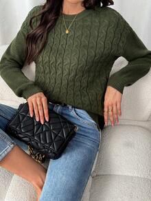 SHEIN LUNE Suéter verde militar de cuello redondo de manga larga minimalista de unicolor para mujeres - Verde militar - Ver 6