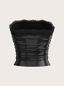 SHEIN EZwear Women's Black Leather Patchwork Lace Bandeau Top