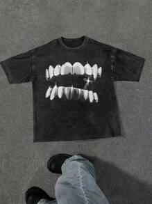 Manfinity EMRG Camiseta de manga corta con cuello redondo para hombres con estampado gráfico de dientes de Halloween, para usar en la calle, para amigos