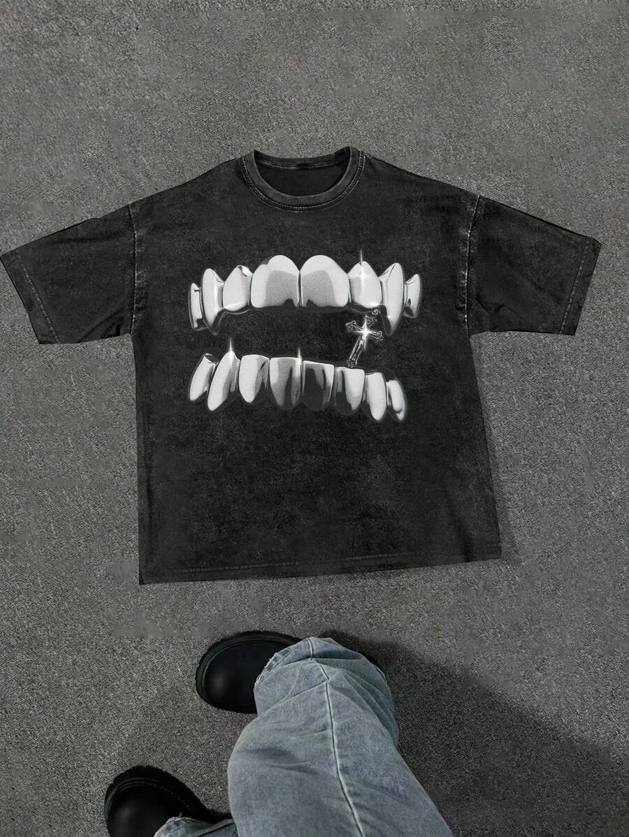 Manfinity EMRG Camiseta de manga corta con cuello redondo para hombres con estampado gráfico de dientes de Halloween, para usar en la calle, para amigos