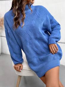 SHEIN LUNE New American Casual Style High Neck Pullover Knitted Bodycon Blue Sweater Dress