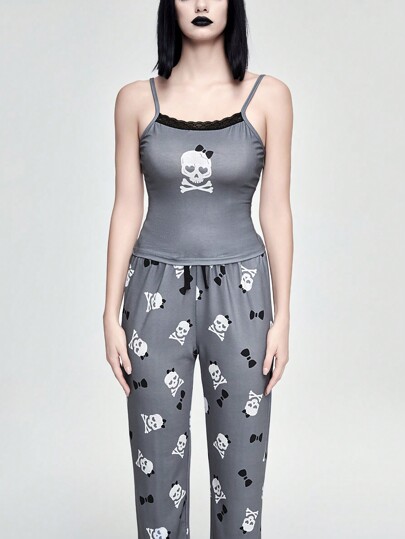 Kawaii Conjunto de pijama de mujer con camisola de encaje con calavera oscura de tirantes finos y pantalón casual con cordón de lazo