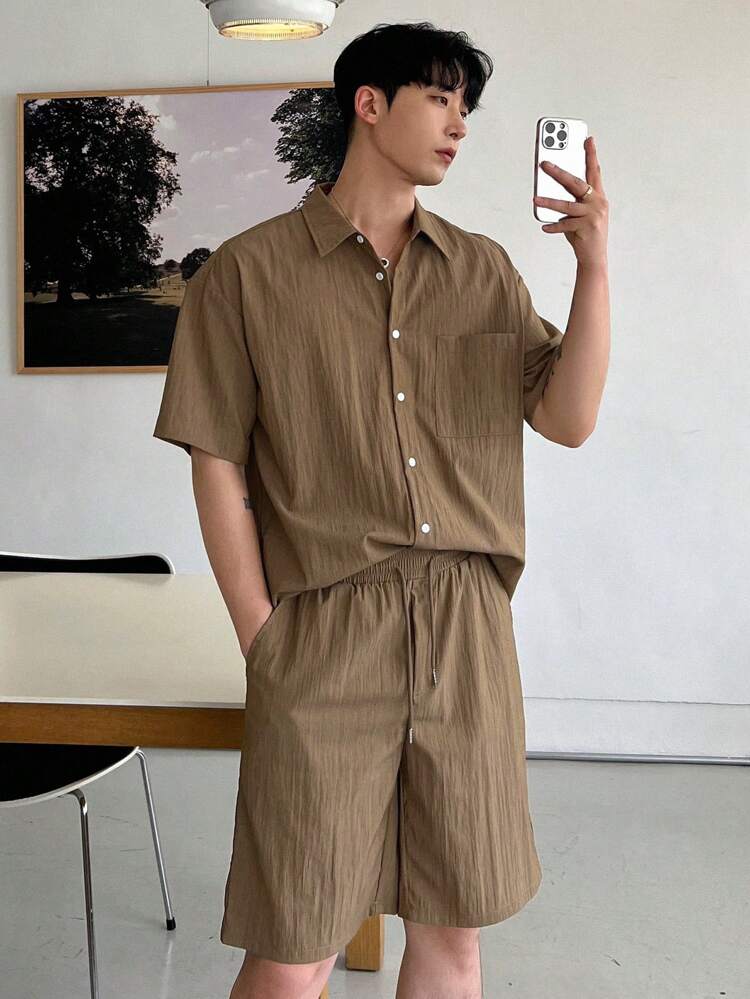 Men's Summer Solid Color Shirt & Shorts Set