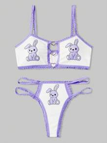 ROMWE Kawaii Cute Bunny Heart Design Contrast Trim Padded Bra Set - Purple - View 1