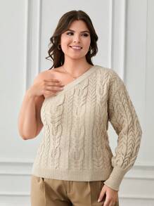 RueChic Plus Size One Shoulder Cable Knit Sweater - Apricot - View 3