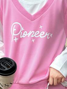 SHEIN Conjunto casual de estilo coreano color rosa para niñas preadolescentes, incluye camiseta sin mangas y pantalones cortos - Rosa - Ver 6