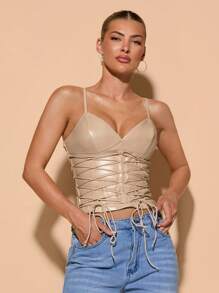 SHEIN BAE Women's Sleeveless Sexy PU Leather Top With Strappy Chest And Waist Details, Autumn/Winter - Apricot - View 6