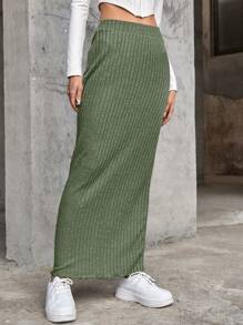 Muchica 黑色中长裙 生菜边饰罗纹针织半身裙 - 橄欖綠 - 查看 4