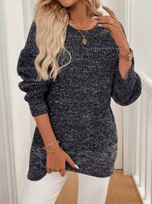 SHEIN LUNE Plain Crew Neck Long Sleeve Knit Sweater, Knit Pullover Fall Winter - Black and White - View 3