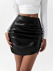 Chiquease Váy mini xếp ly da PU gợi cảm tôn dáng - màu đen - Xem 2