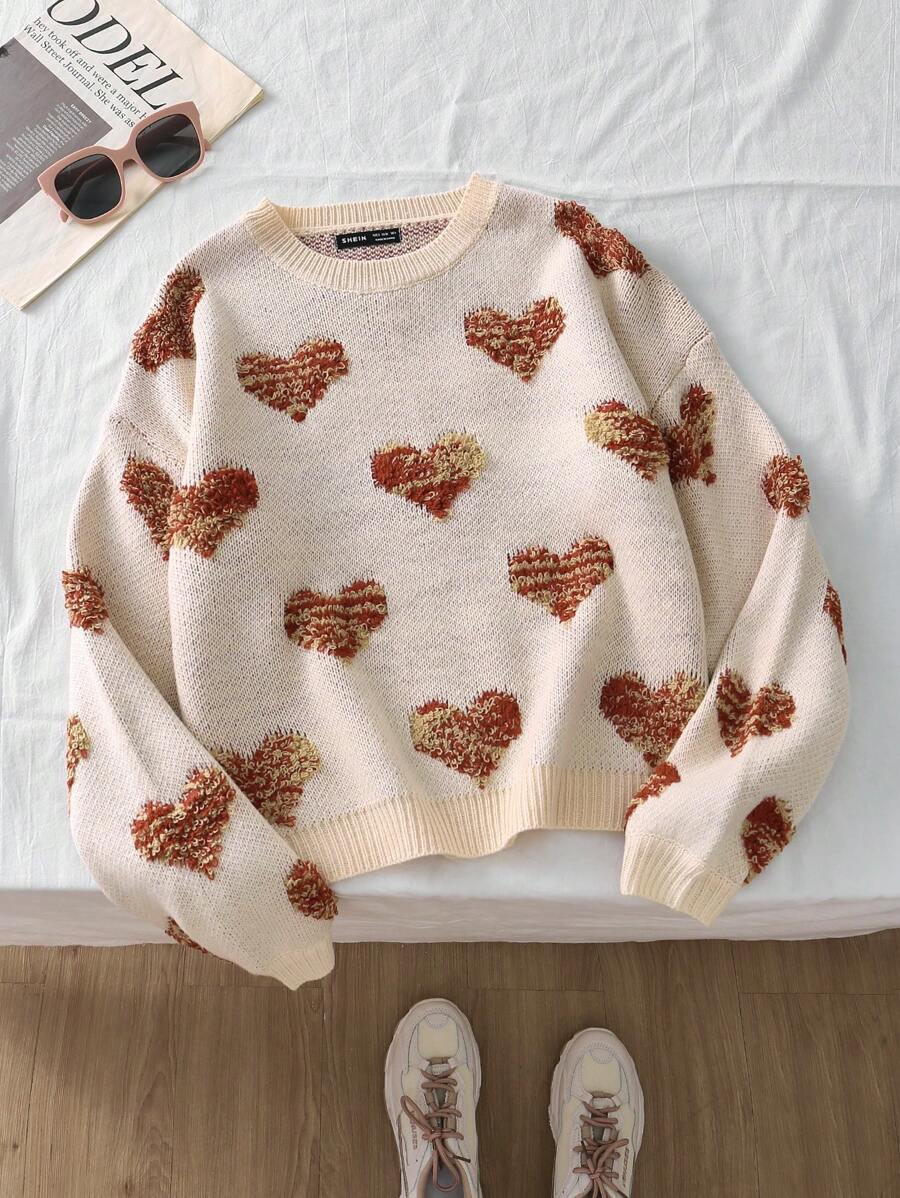 SHEIN Qutie 女士宽松圆领爱心图案长袖休闲毛衣，秋冬季针织套头衫 - 彩色 - 查看 1
