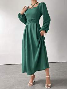 Modelyn 长款优雅纯色喇叭袖连衣裙，春秋 - 青碧色 - 查看 4