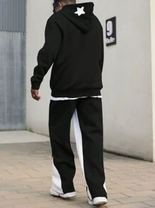 Manfinity Roghcode Men's Printed Hooded Sweatshirt And Contrast Pentagon Star Pants 2-Piece Set, Men 2 Piece Set Sweats, Men 2 Piece Set Black And White, Hip Hop Clothes, Manfinity Hoodie And Pants - Black - View 2