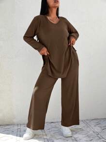 EURMUSE Plus Solid Split Hem Tee & Wide Leg Pants - Brown - View 3