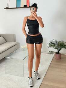 SHEIN EZwear Women's Faux Leather Lace Trim Camisole And Ruched Faux Leather Mini Shorts Set