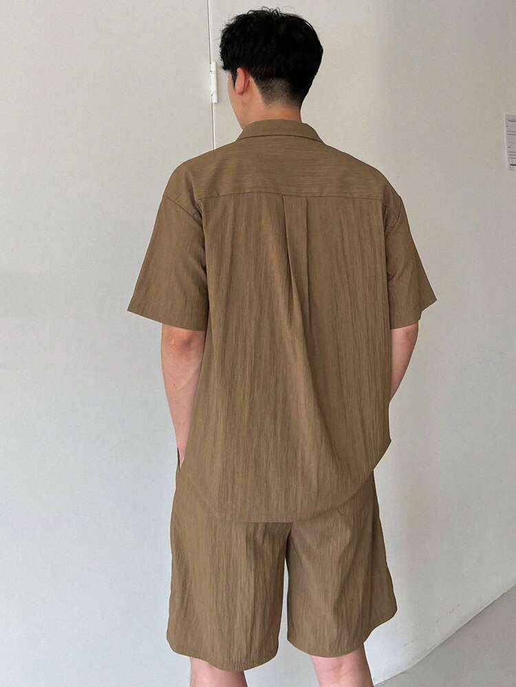 Men's Summer Solid Color Shirt & Shorts Set