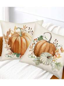 2 件套秋季南瓜装饰枕套秋季农舍亚麻农场新鲜南瓜橙枫叶装饰感恩节抱枕套靠垫套 18"X18" - 橘色 - 查看 3