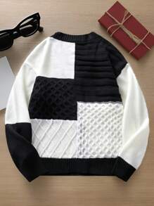 Manfinity Hypemode 男士针织简约日常开衫，撞色拼接，落肩设计，厚实保暖，休闲都市风，适合返校季穿着，送给丈夫、男友的礼物，秋冬季长袖上衣 - 黑與白 - 查看 2