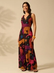 CAJUNI Phụ Nữ Kỳ Nghỉ Cổ Chữ V Nhiệt Đới Colorfal Da Báo Không Tay Đen Thẳng Thường Ngày Mùa Hè Rời Jumpsuit - Nhiều màu - Xem 3