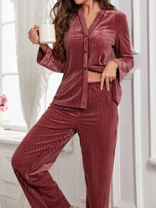 LuxeNights Velvet Women Pajamas Set Top & Pants Cozy And Elegant Details, Fall Winter Clothes - Pink - View 4