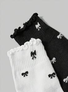 ROMWE Kawaii 2 双女式四季黑白蝴蝶结蕾丝边中筒袜 - 黑與白 - 查看 7