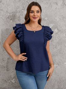SHEIN Clasi Plus Size Square Neckline Backless Cap Sleeve Bow Decor Casual Blouse - Navy Blue - View 2